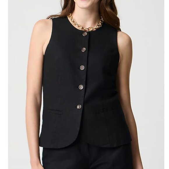 J. Crew Linen Blend Button Front Lightweight Vest Black Size 10/M NWT